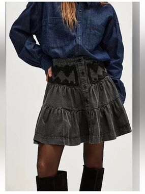 Free People August Embroidered Tiered Mini Skirt in Washed Black Size 4